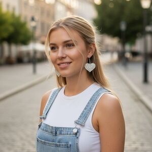 Heart-Shaped Silver‎ Earrings 3" Drop